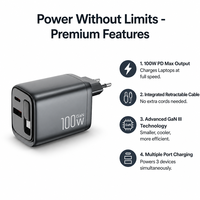 Chargeur GaN 100W PD Super Rapide avec Ports QC3.0 Type-C et Câble Magnétique Rétractable pour Tablette et Mobile