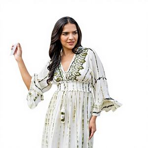 Vestido Midi de Verano para Mujer, Blanco y Verde, Estampado Digital Floral, Estilo Bohemio Informal - Product Image 1