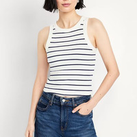 Tank Top Wanita Pendek Tanpa Lengan, Bahan Katun Rib, Kerah Kotak, Motif Garis Olahraga Musim Panas, Bernapas, Cetak Discharge