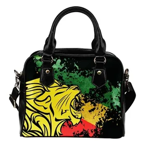 Bolso de mano con estampado negro de León de Etiopía para mujer, bolsos pequeños con logotipo personalizado, bolsos de cuero Etíope para niñas