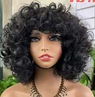 Perruques en cheveux humains bouclés et rebondissants avec frange, cheveux vierges vietnamiens, boucles d'œuf, sans colle, entièrement faites à la machine, pour femmes