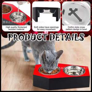 Comedero Doble Elevado para Mascotas, Estilo Gótico de Halloween, Base de Madera, Antideslizante y Resistente a la Humedad, para Perros y Gatos - Product Image 2