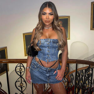 Tops cortos sin tirantes de un solo pecho de verano para mujer Tops de corsé de <span class=keywords><strong>vaquero</strong></span> Tops de tubo de mezclilla con múltiples bolsillos - Product Image 3