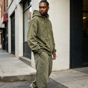 Sudadera con Capucha Oversize de Hip Hop con Estampado de Diamantes de Imitación y Bolsillo con Cremallera, Estilo Urbano, 430G, para Hombre, Fabricantes de Ropa - Product Image 5