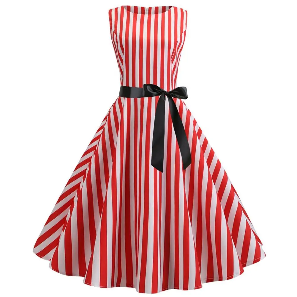 SP-8035 도매 Readymade 빨간색과 스트라이프 인쇄 높은 허리 민소매 숙녀 빈티지 드레스