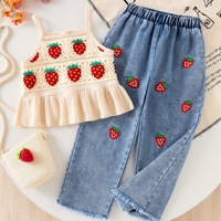 Nouvel ensemble d'été pour filles : débardeur en dentelle fraise et pantalon en jean à motif fraise, ensemble deux pièces pour filles de 4 à 7 ans