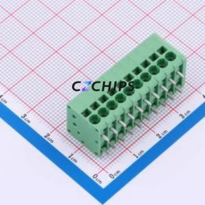 MX205R-3.5-10P-GN01-Cu-A Spring Terminal Block Through hole Component THT,P=3.5mm Connector 1x10P 3.5mm Green Right Angle Insert - Product Image 1