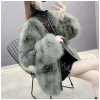Manteau en fausse fourrure de renard de luxe léger, avec empiècements en cuir et détails rivetés, élégant, chaud et non volumineux