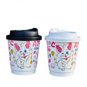 Gobelet en papier jetable à double paroi épaissi, motif chat mignon, pour boissons chaudes/froides, café, lait, thé, usage commercial et bureautique - Product Image 1