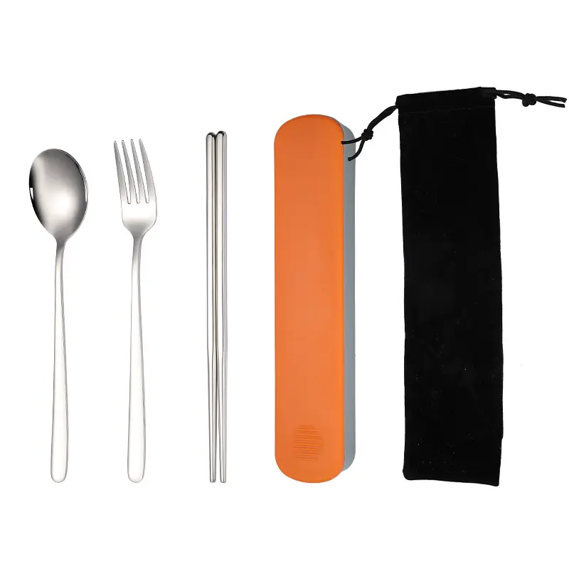 Set sumpit berkemah portabel isi 3 buah, sendok garpu bahan baja tahan karat, alat makan pelajar luar ruangan, Set sendok garpu warna