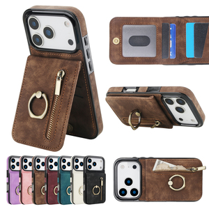 Étui <span class=keywords><strong>de</strong></span> téléphone vintage en cuir avec porte-bague pour iPhone 17 Air 16 15 14 13 12 11 Pro Max, portefeuille RFID bloquant avec fermeture éclair pour cartes, coque mobile - Product Image 1