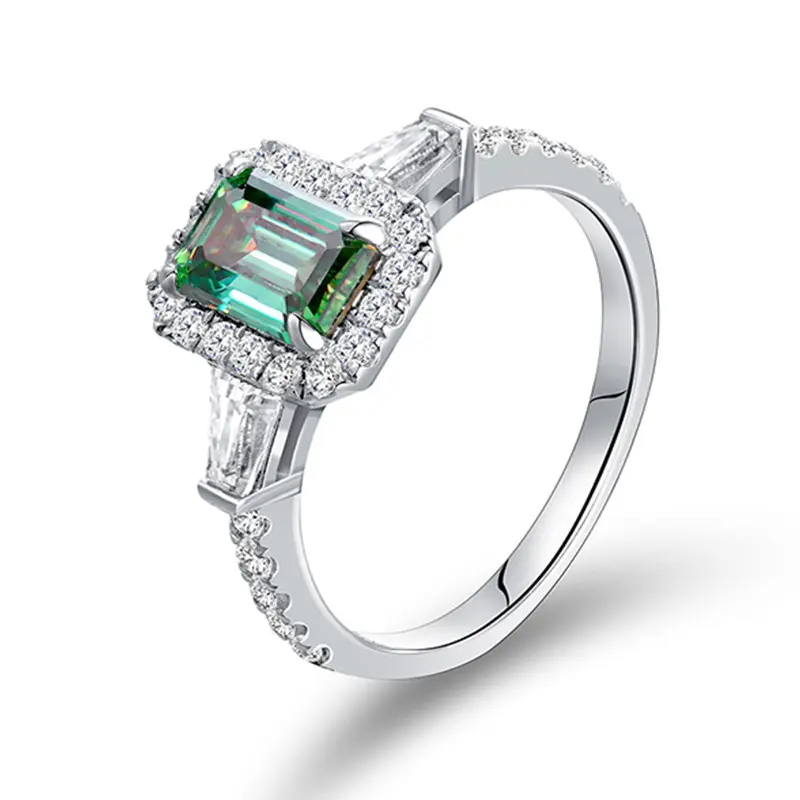 Màu xanh lá cây moissanite Nhẫn 925 Bạc vượt qua Kim Cương Tester Emerald Cut White Gold plated 1 Carat đá quý trang sức nhẫn