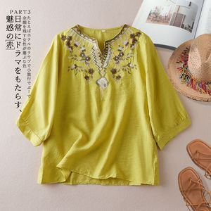 Summer Embroidered Cotton Linen Blouse Women V-Neck Loose Mid Sleeve Casual Vintage Top Blue - Product Image 2