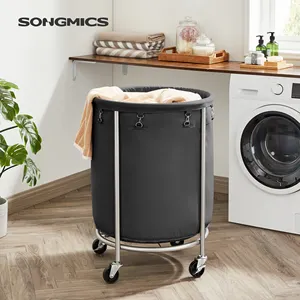 Songmics carrinho de lavanderia redondo, carrinho de lavanderia com quadro de aço e saco removível, cesta de lavanderia com rodas
