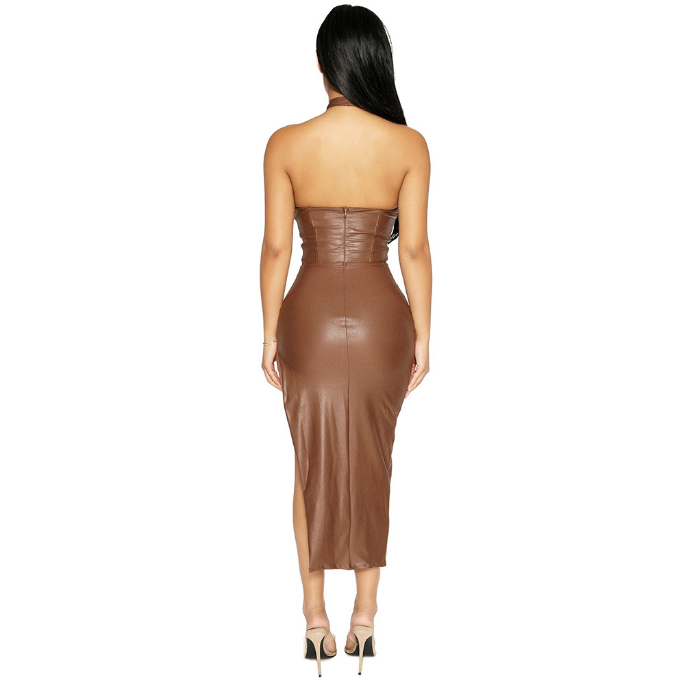 Pu Leather Women Party Evening Dress Backless High Split Brown Halter Leather  Dress| Alibaba.com