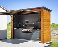 Cuisine extérieure moderne et fermée avec barbecue complet et bar, finition laquée, robinet, charnière et panier de rangement pour appartement