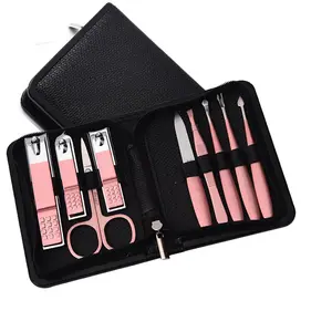 Haute qualité 9 pièces Logo personnalisable trousse à outils de soin des ongles en acier inoxydable manucure pédicure y compris tondeuses et cuticules PU