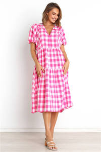 Personalizado Casual señoras cuello entallado <span class=keywords><strong>P</strong></span> manga corta escalonado con volantes suelto Gingham <span class=keywords><strong>Maxi</strong></span> vestido largo para las mujeres - Product Image 3