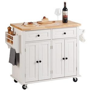 Chariot de rangement de cuisine moderne SENYU blanc avec plateau en bois, 2 tiroirs, 4 portes sur roulettes - Product Image 1