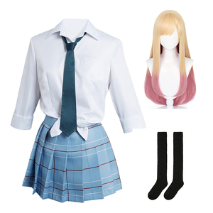 Costume de <span class=keywords><strong>cosplay</strong></span> anime pour femmes, uniforme scolaire bleu et blanc à carreaux, chemise, cravate, jupe plissée, perruque dégradée, ensemble de chaussettes noires - Product Image 6