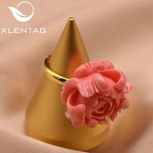 XlentAg天然珊瑚粉红色戒指女人花戒指派对礼物新娘结婚戒指豪华925银手工饰品