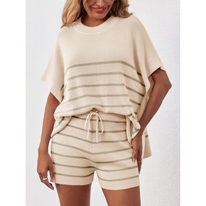 Women's Striped 2 Piece <b>Knit</b> <b>Set</b> Oversized Batwing Top High Waisted Shorts Summer Casual Lounge Outfit - Product Image 4