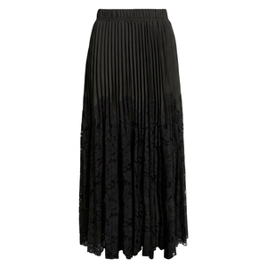Elegant Women's Black Pleated <b>Lace</b> Floor-Length Skirt <b>Elastic</b> Waist Solid Color All Seasons Style - Product Image 1