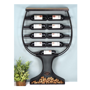 Large Black Metal Wine Glass Shape Mount Decorative Wine Bottle Storage Holder Rack Wine Rack Wall Mounted With Cork Holder