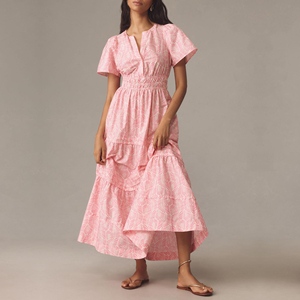 Abito estivo rosa con stampa digitale personalizzato di alta qualità in tessuto di <span class=keywords><strong>cotone</strong></span> con scollo a V abiti Casual svasati da <span class=keywords><strong>donna</strong></span> lunghi Maxi abiti - Product Image 1