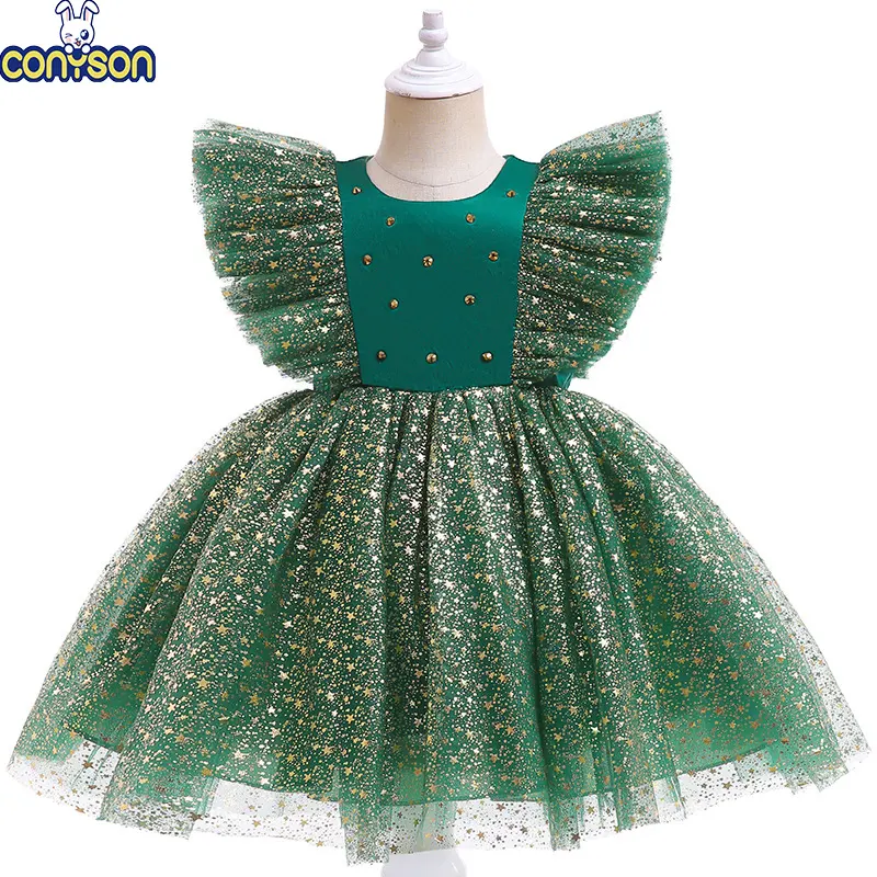 Conyson-falda de tul con mangas voladoras para niñas pequeñas, vestido de tutú brillante con lazo embellecedor, gran oferta