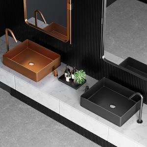 Lavabo <span class=keywords><strong>sur</strong></span> pied rectangulaire moderne en acier inoxydable or rose, lavabo artistique pour salle de bain, lavabo de <span class=keywords><strong>toilette</strong></span> d'hôtel, finition dorée de luxe léger - Product Image 5