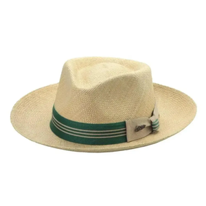 Sombrero Panamá Unisex de Paja Toquilla con Ala Ancha y Banda a Rayas, Sombrero de Sol para Playa, Fedora de Verano para Adultos - Product Image 1