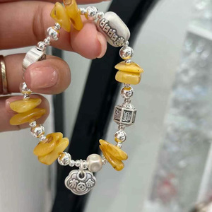 Bracelet en ambre de style chinois, en argent sterling S925, avec cordon élastique, unisexe, bijoux à porter au quotidien - Product Image 3