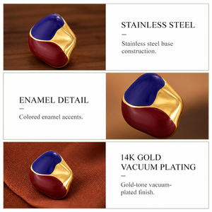 Boucles d'oreilles clous bicolores en émail, acier inoxydable plaqué or 14K sous vide, bleu bordeaux, sculpturales - Product Image 3