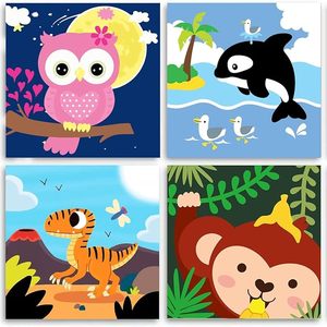 Songwoo Lot de 4 kits de <span class=keywords><strong>peinture</strong></span> par numéros pour enfants, motifs animaux imprimés numériquement, sans cadre : Hibou, Orca, Dinosaure, <span class=keywords><strong>Singe</strong></span> - Product Image 1