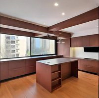 Meuble de cuisine en acier inoxydable 304 à grain de bois personnalisé avec îlot de cuisine autoportant, meuble de cuisine en L complet pour villa