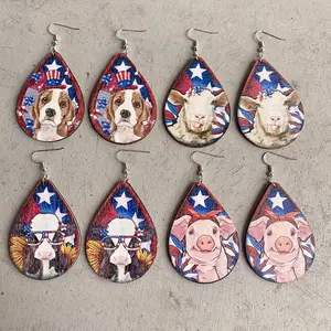 New Arrival custom Animal American Independence Day Earrings Texas West Farm Dog cow wooden Earrings