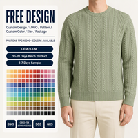 Fabricant de tricots sur mesure – Pull en maille torsadée verte à col rond et manches longues pour homme, avec ourlets et poignets côtelés – Vente en gros pour l'hiver