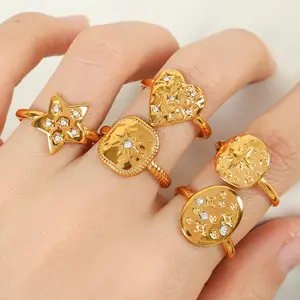 Anello da donna geometrico lucidante di precisione di lusso con zircone titanio acciaio placcato oro apertura anello regolabile
