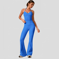 Ensemble de yoga 2 pièces pour femme, col halter en V, débardeur froncé sans manches et leggings évasés taille haute, tenue de sport et fitness, logo personnalisé