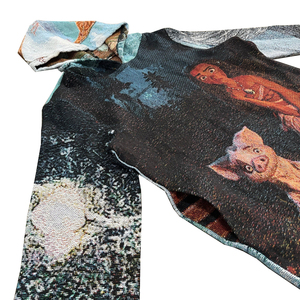 Sweat à capuche unisexe rétro avec broderie graphique de personnage fantastique et cochon mignon, tissé artistique, style streetwear - Product Image 3