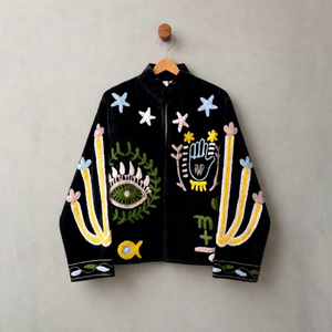 Chaqueta Premium de Terciopelo Negro Bordada con Patrón de Cactus y Ojo de Gato, Manga Larga, Cuello Alto, Estilo Bohemio, Abrigo de Invierno para Mujer - Product Image 1