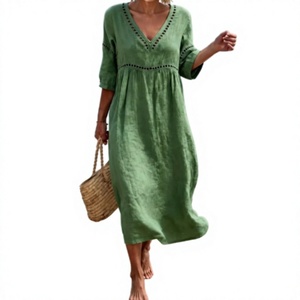 Robe mi-longue en lin bleu sarcelle faite à la main, col en V, taille empire, manches trois quarts, style tunique simple, respirante, pour femme, idéale pour l'été - Product Image 3