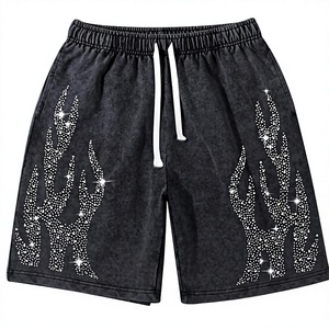 Pantalones Cortos Negros para Hombre con Pedrería y Lentejuelas, Cintura con Cordón, Estilo Casual, Transpirables, de Algodón - Product Image 1