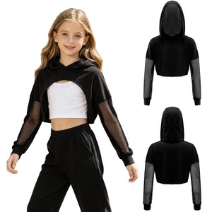 Haut court à capuche pour filles avec manches en maille, tenue de danse hip-hop streetwear, tenue de cheerleading, tenue de rue pour enfants, hip-hop pour enfants - Product Image 5