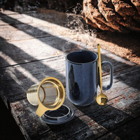 Mug à thé en céramique de porcelaine émaillée bleue avec infuseur, filtre à feuilles de thé, cuillère en métal, couvercle, grande capacité 16 oz