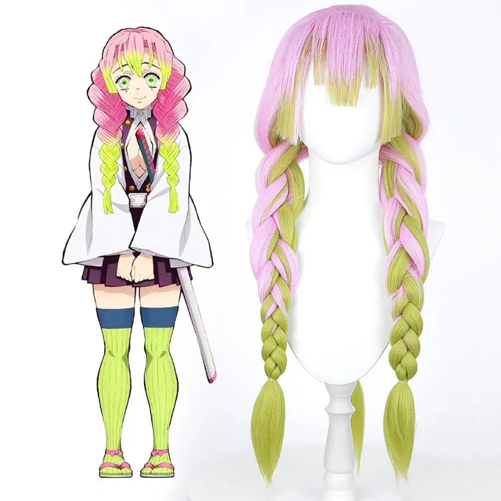 Wig kepang hijau merah muda untuk wanita, Wig Demon Slayer Kanroji Mitsuri, Wig kepang panjang dengan poni untuk pesta kostum Cosplay