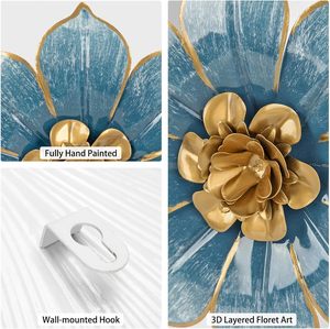 Décoration <span class=keywords><strong>murale</strong></span> moderne 3D <span class=keywords><strong>en</strong></span> <span class=keywords><strong>métal</strong></span>, art, fleurs bleues <span class=keywords><strong>et</strong></span> dorées, 3 pièces, décorations d'intérieur <span class=keywords><strong>et</strong></span> d'extérieur suspendues pour la chambre à coucher, le salon <span class=keywords><strong>et</strong></span> la maison. - Product Image 3