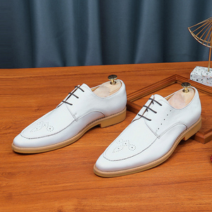 Derbies d'affaires décontractés en cuir pour hommes, blanc, automne, mariage, à lacets, bout pointu, en cuir véritable, respirant, britannique, sculpté - Product Image 3