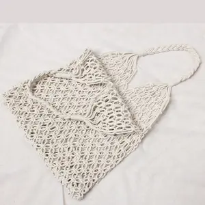 Bolso de playa estilo Ins para mujer, bolso tejido de malla hueca de verano, bolso de paja, cuerda de algodón hecha a mano para vacaciones, bolsos de malla grande